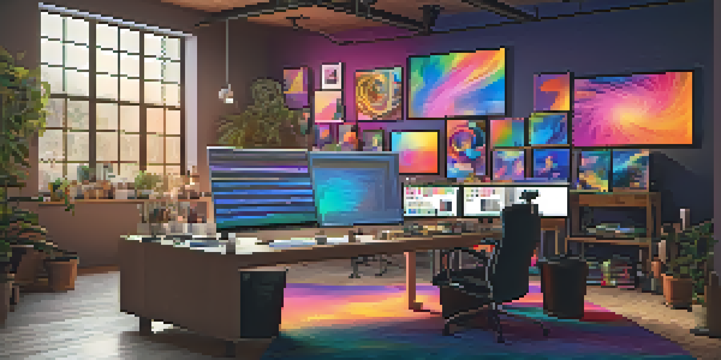 A lively digital art studio with colorful canvases and tools in a warmly lit environment.