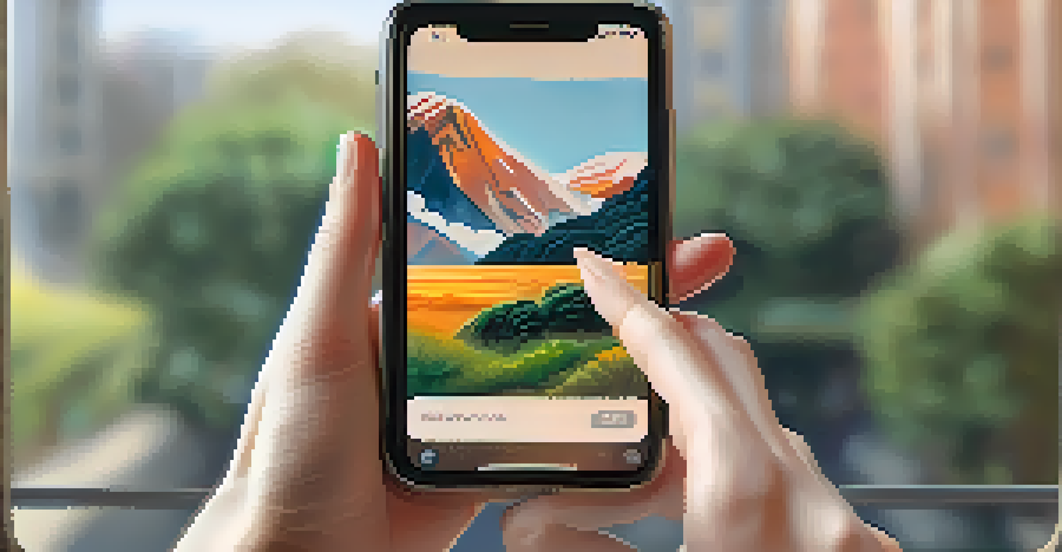 A hand holding a smartphone displaying an NFT art piece, with a blurred background and warm light filtering in from a window.