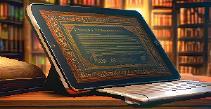 A digital tablet showing a colorful NFT of an ancient manuscript, set in a cozy library with bookshelves in the background.