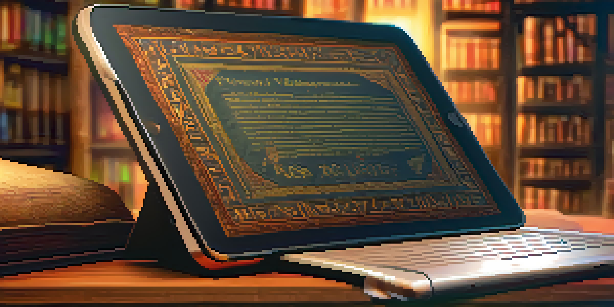 A digital tablet showing a colorful NFT of an ancient manuscript, set in a cozy library with bookshelves in the background.