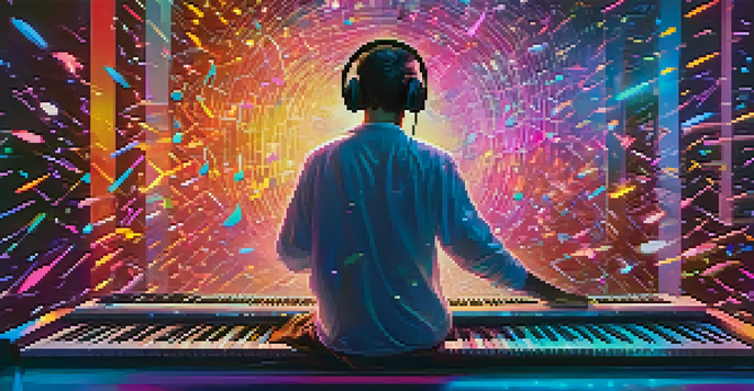 A musician in a modern studio, surrounded by colorful holographic music notes and NFTs, deeply engaged in creating music.