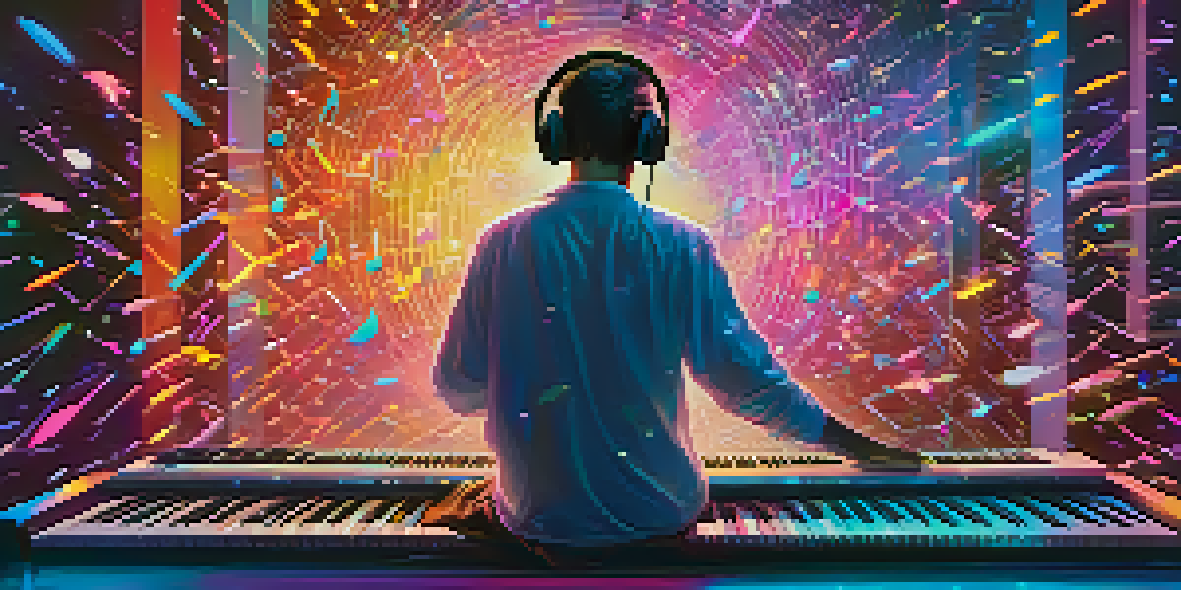A musician in a modern studio, surrounded by colorful holographic music notes and NFTs, deeply engaged in creating music.