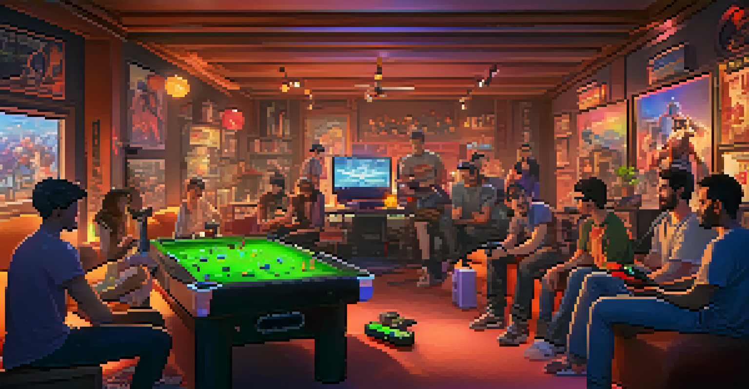 A group of gamers in a cozy room sharing excitement about their exclusive NFTs surrounded by gaming memorabilia.