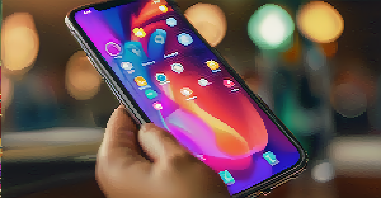A close-up of a smartphone showing an NFT artwork, with a hand hovering above it, set against a blurred elegant auction event background.