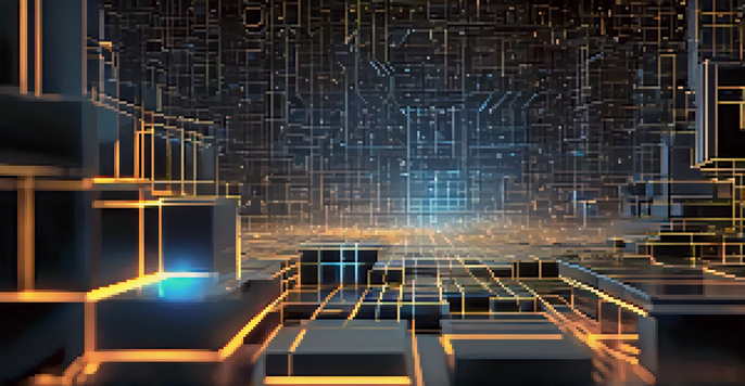 A detailed visualization of a blockchain network with interconnected blocks and glowing edges, set against a dark high-tech background.