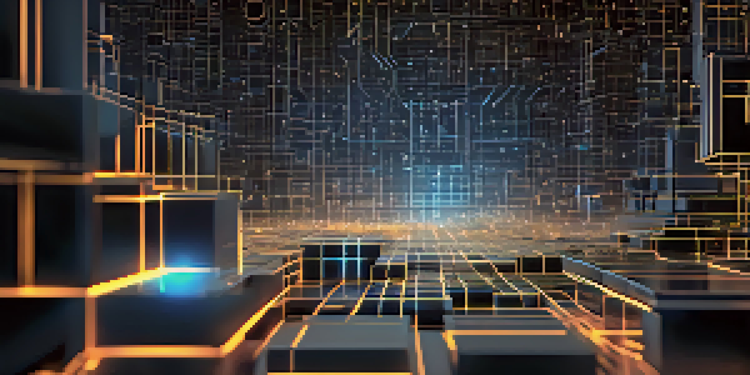 A detailed visualization of a blockchain network with interconnected blocks and glowing edges, set against a dark high-tech background.