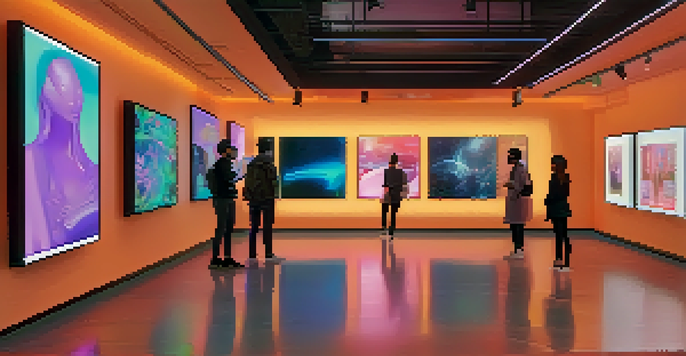A digital art gallery with diverse NFT artworks and visitors interacting with the displays.