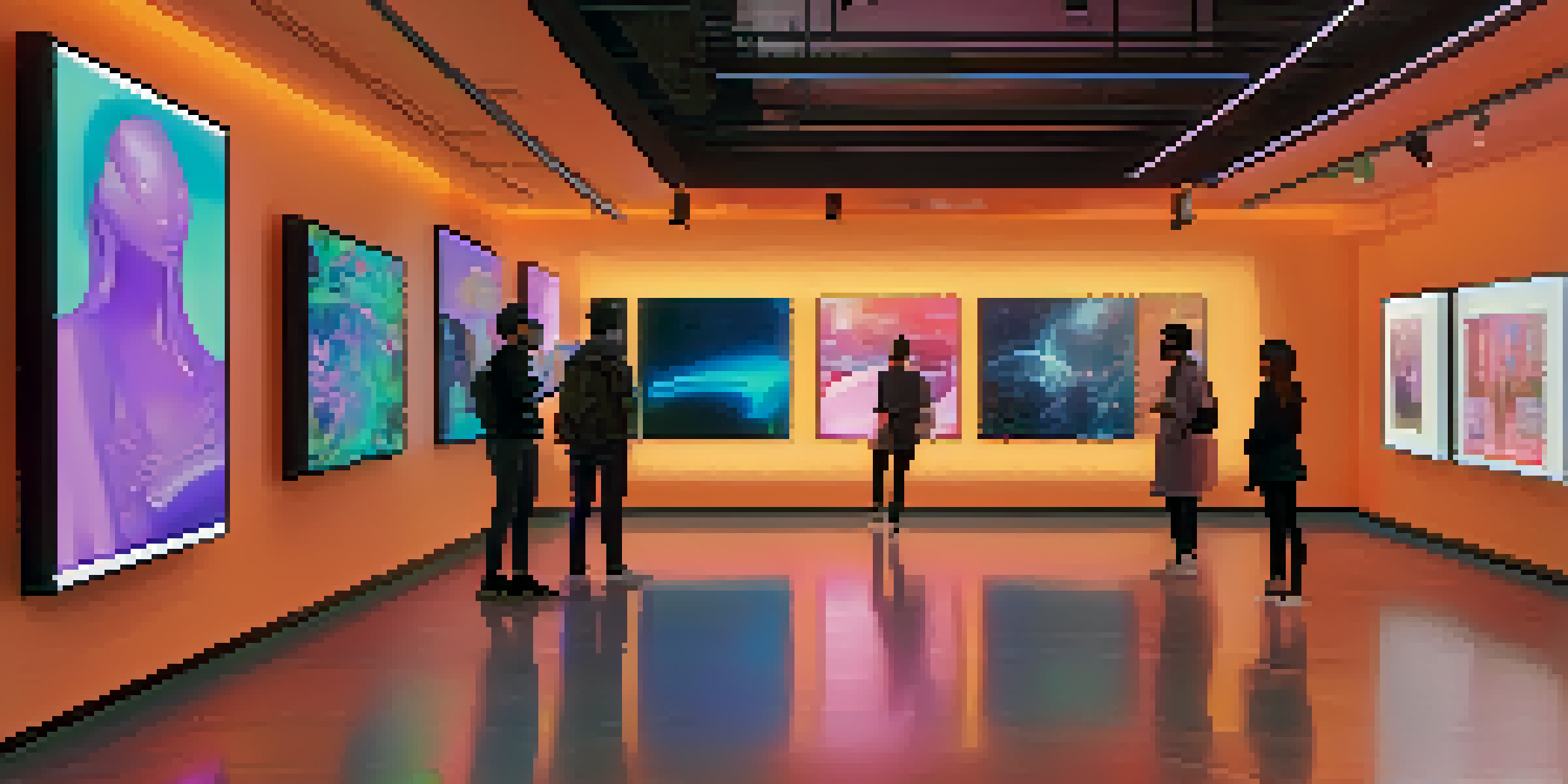 A digital art gallery with diverse NFT artworks and visitors interacting with the displays.
