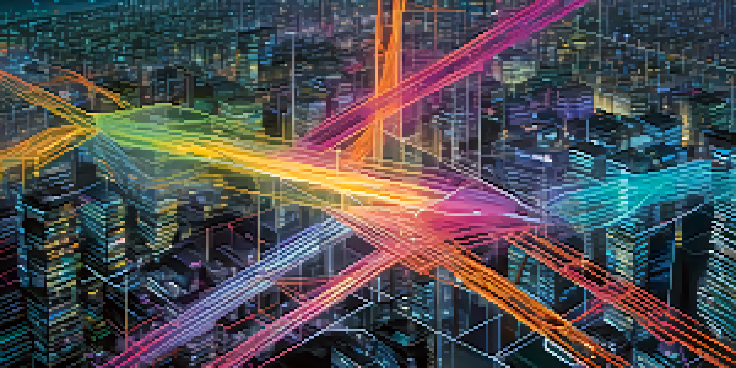 An abstract illustration of interconnected blockchain networks representing NFT interoperability.