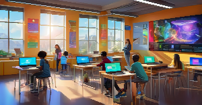 A modern classroom with students using digital devices and holographic displays of NFTs as certificates, showcasing a vibrant and innovative learning environment.