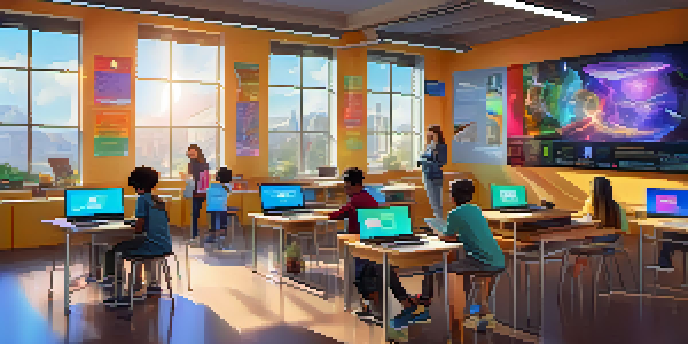 A modern classroom with students using digital devices and holographic displays of NFTs as certificates, showcasing a vibrant and innovative learning environment.