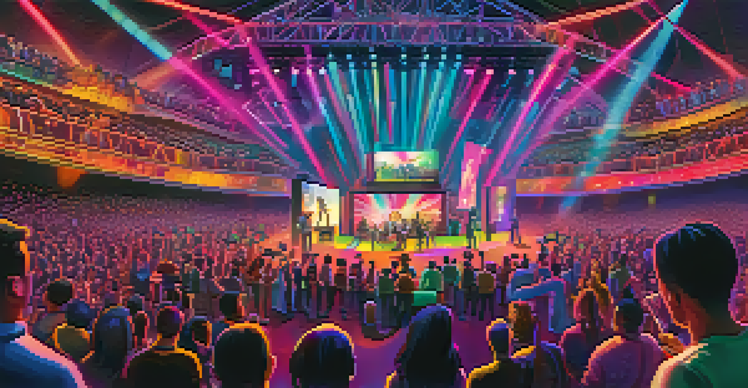 A virtual concert scene with attendees interacting with NFT art in augmented reality, featuring bright lights and a lively atmosphere.