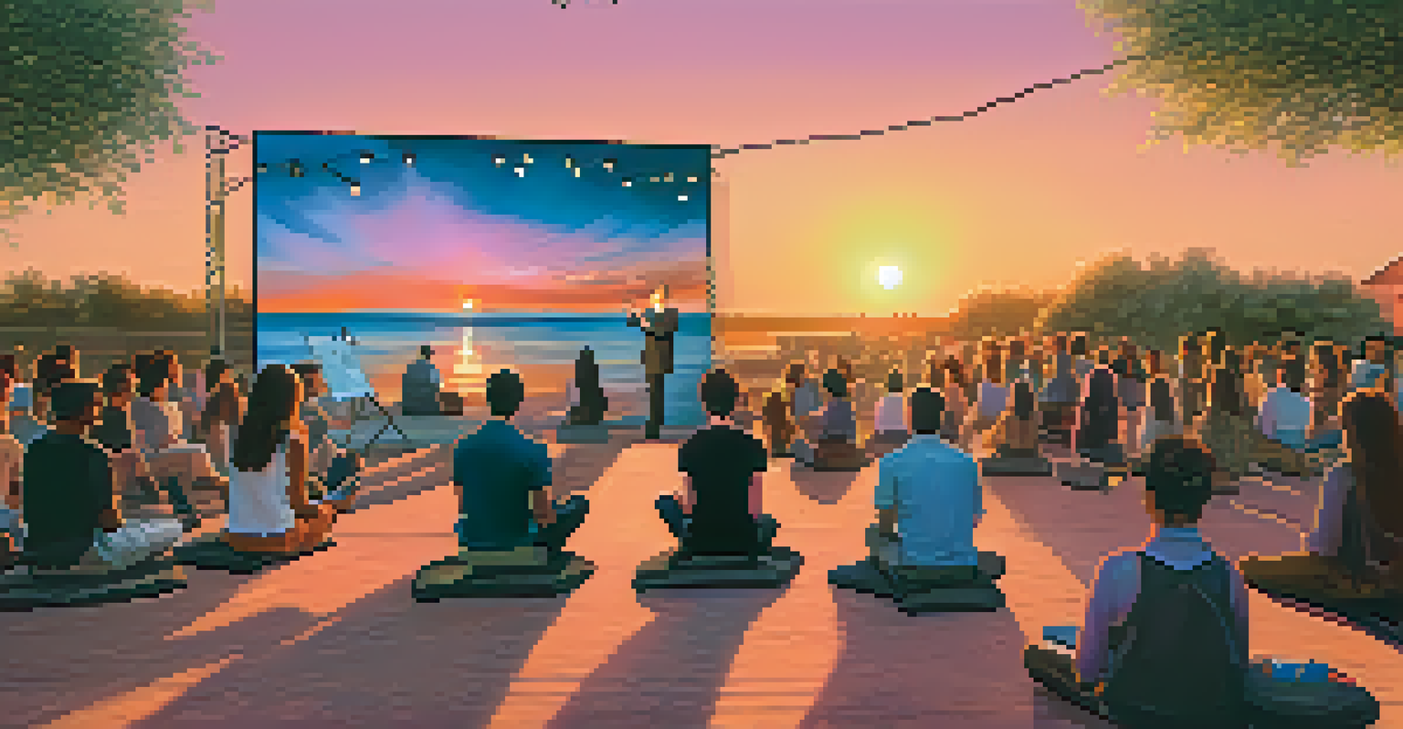 An outdoor performance art event at sunset, with an artist using augmented reality and an audience interacting with digital elements in warm hues.