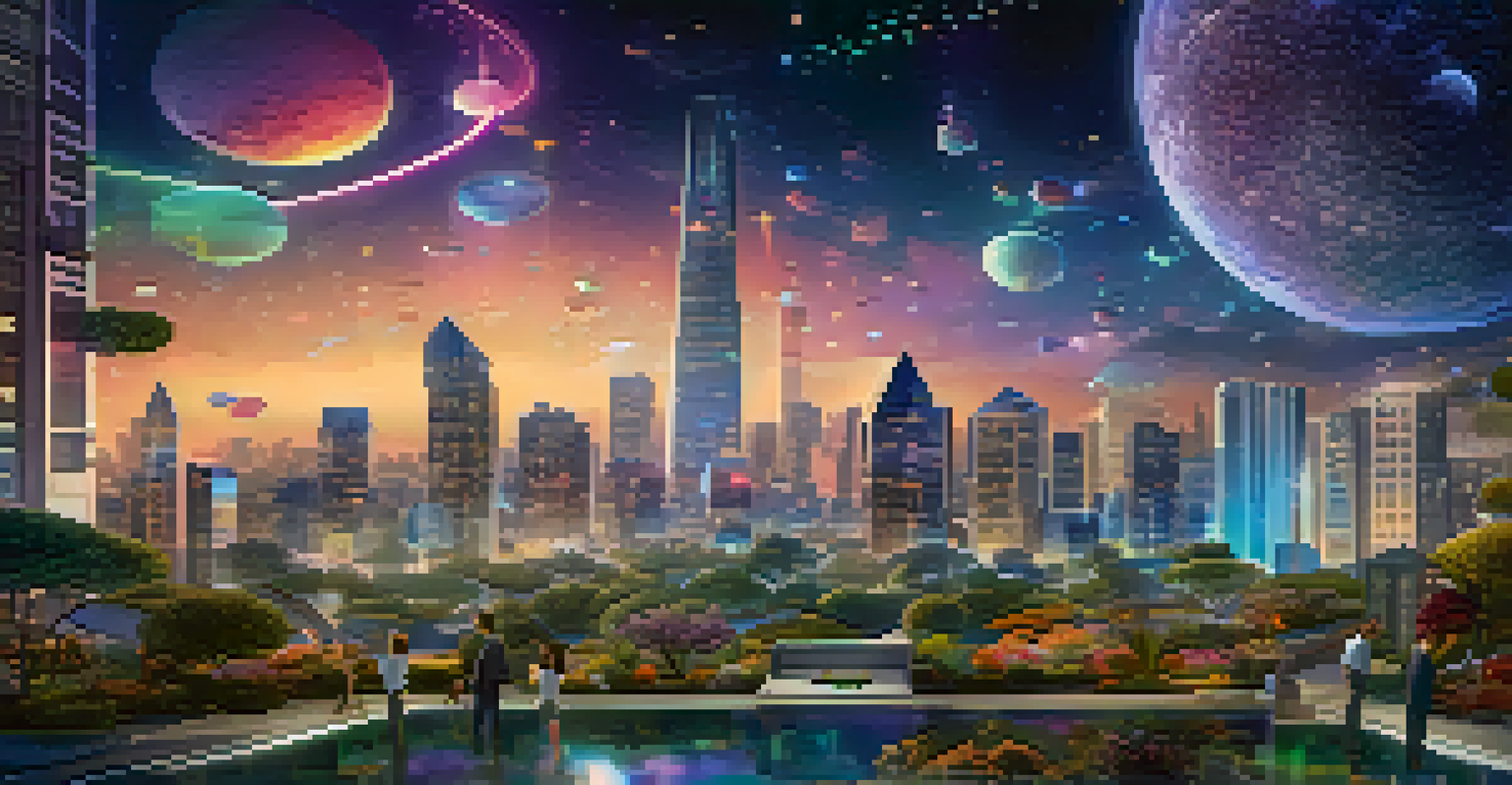 A futuristic digital cityscape with colorful buildings and a couple customizing their virtual home.