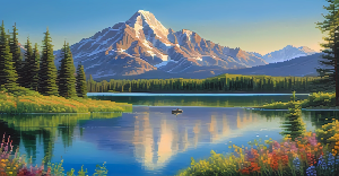 A peaceful lake scene with mountains and a clear sky, reflecting sunlight on the water.