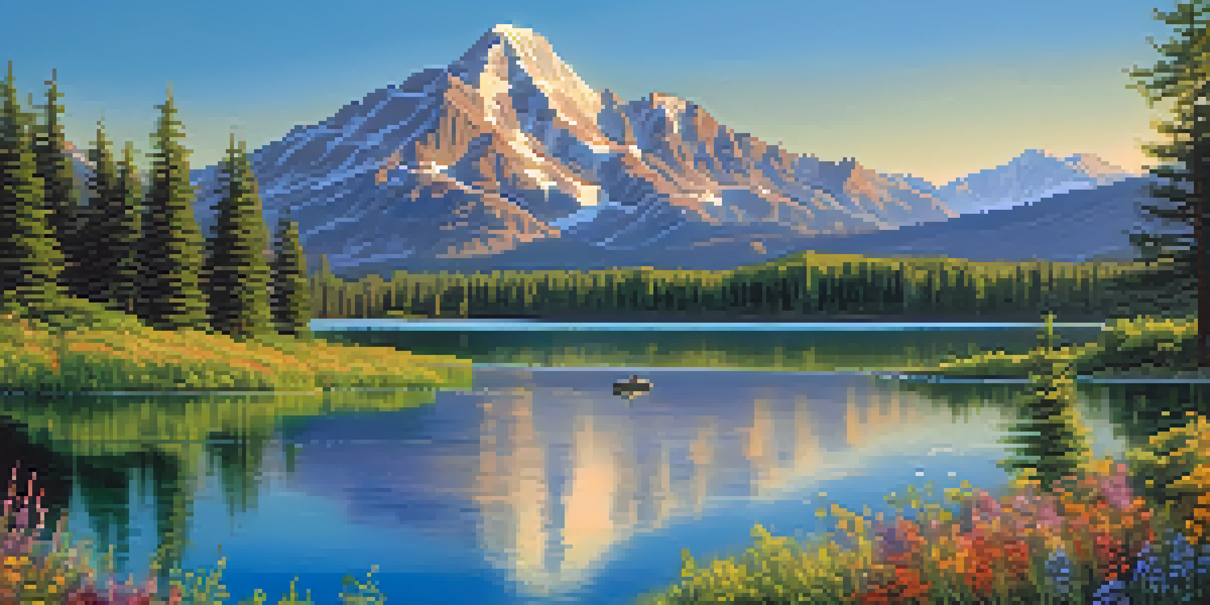 A peaceful lake scene with mountains and a clear sky, reflecting sunlight on the water.
