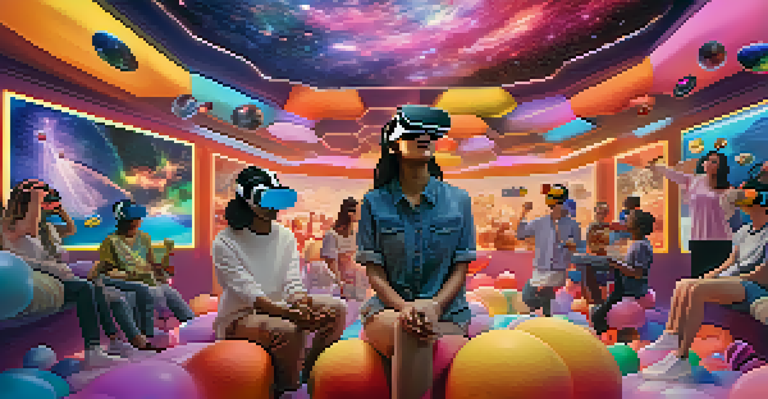 A virtual reality scene with people wearing VR headsets, interacting with floating NFTs in a colorful and engaging environment.