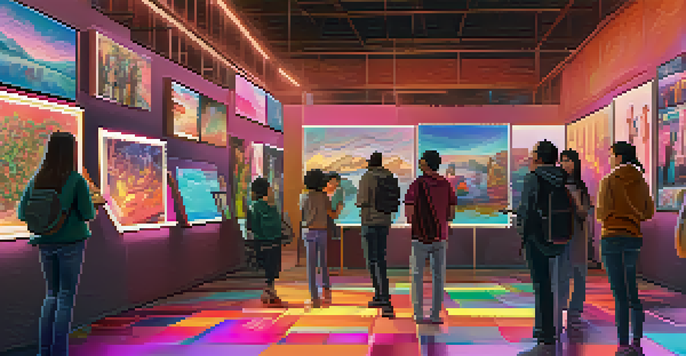 A digital art marketplace filled with colorful NFT artworks displayed on screens, with people engaging in the scene under soft lighting.