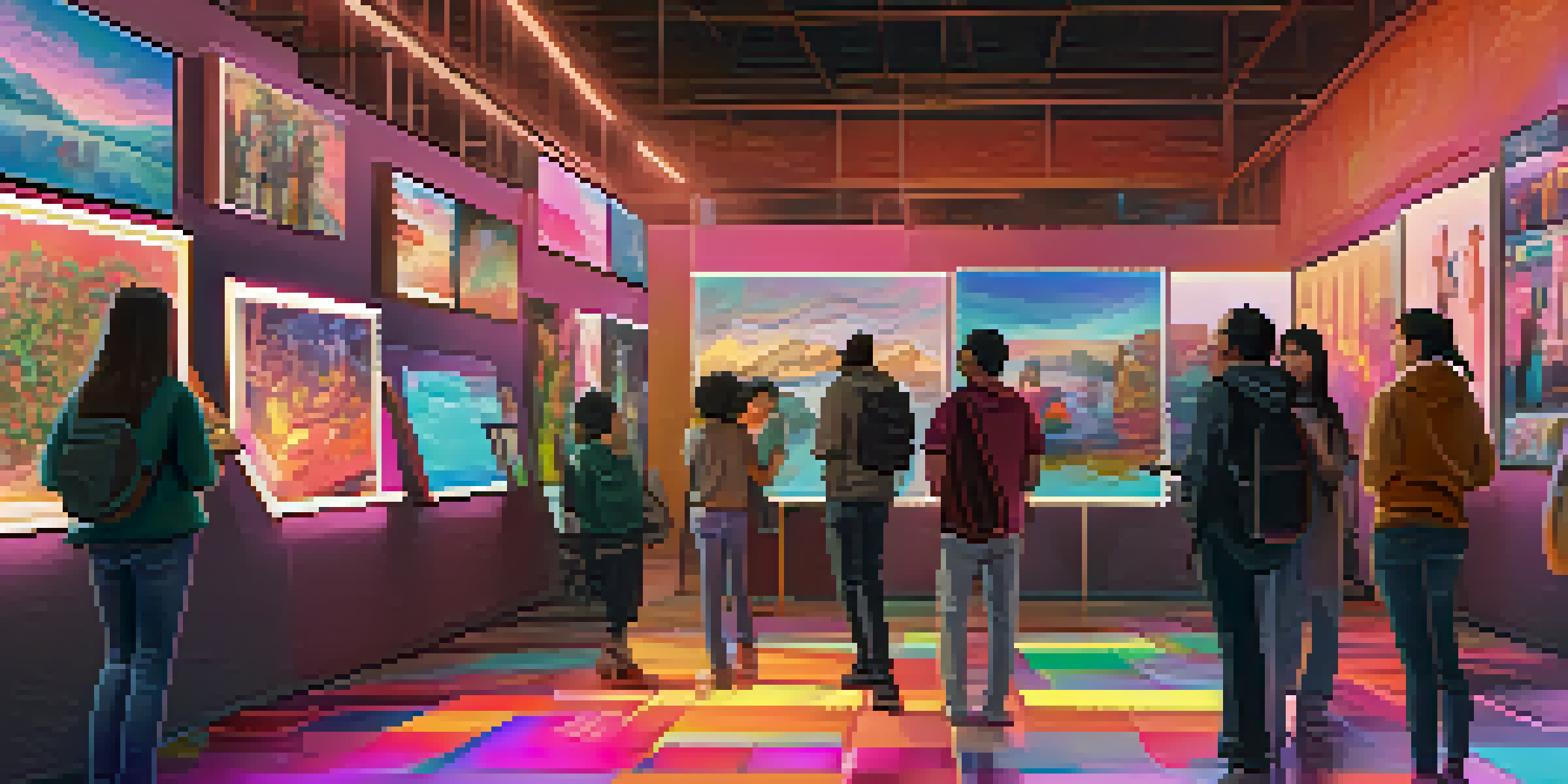 A digital art marketplace filled with colorful NFT artworks displayed on screens, with people engaging in the scene under soft lighting.