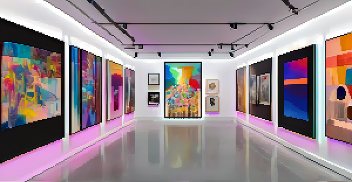 A digital art gallery displaying various NFTs with labels for their rarity, illuminated by spotlights.