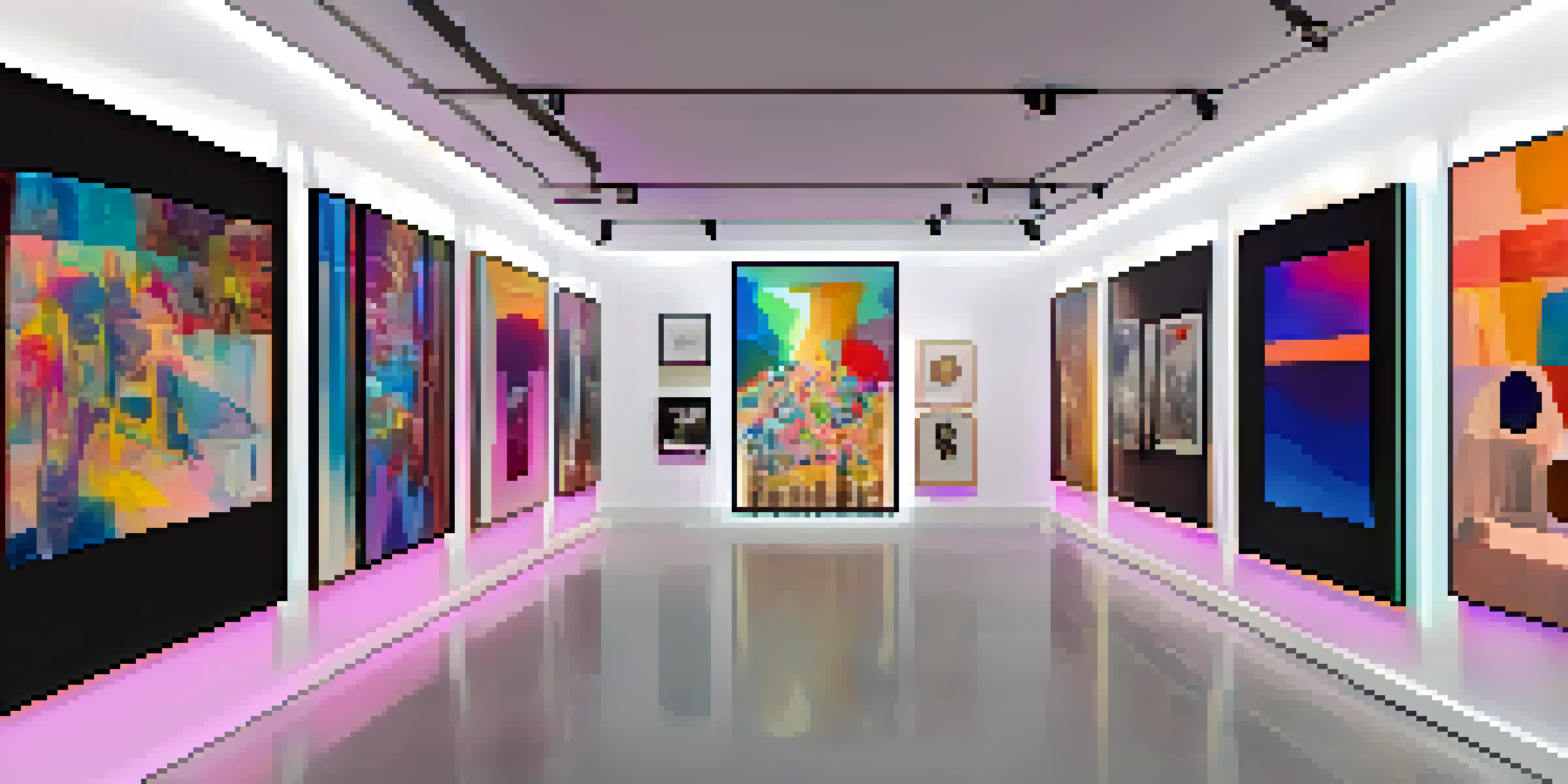 A digital art gallery displaying various NFTs with labels for their rarity, illuminated by spotlights.