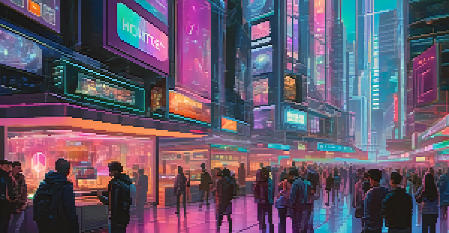 A futuristic city marketplace where digital assets are traded, featuring people interacting with holographic displays of NFTs and cryptocurrencies.