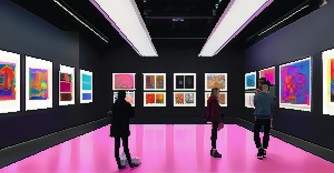 A digital art gallery filled with colorful NFTs displayed on screens, with visitors admiring the artworks in a softly lit environment.
