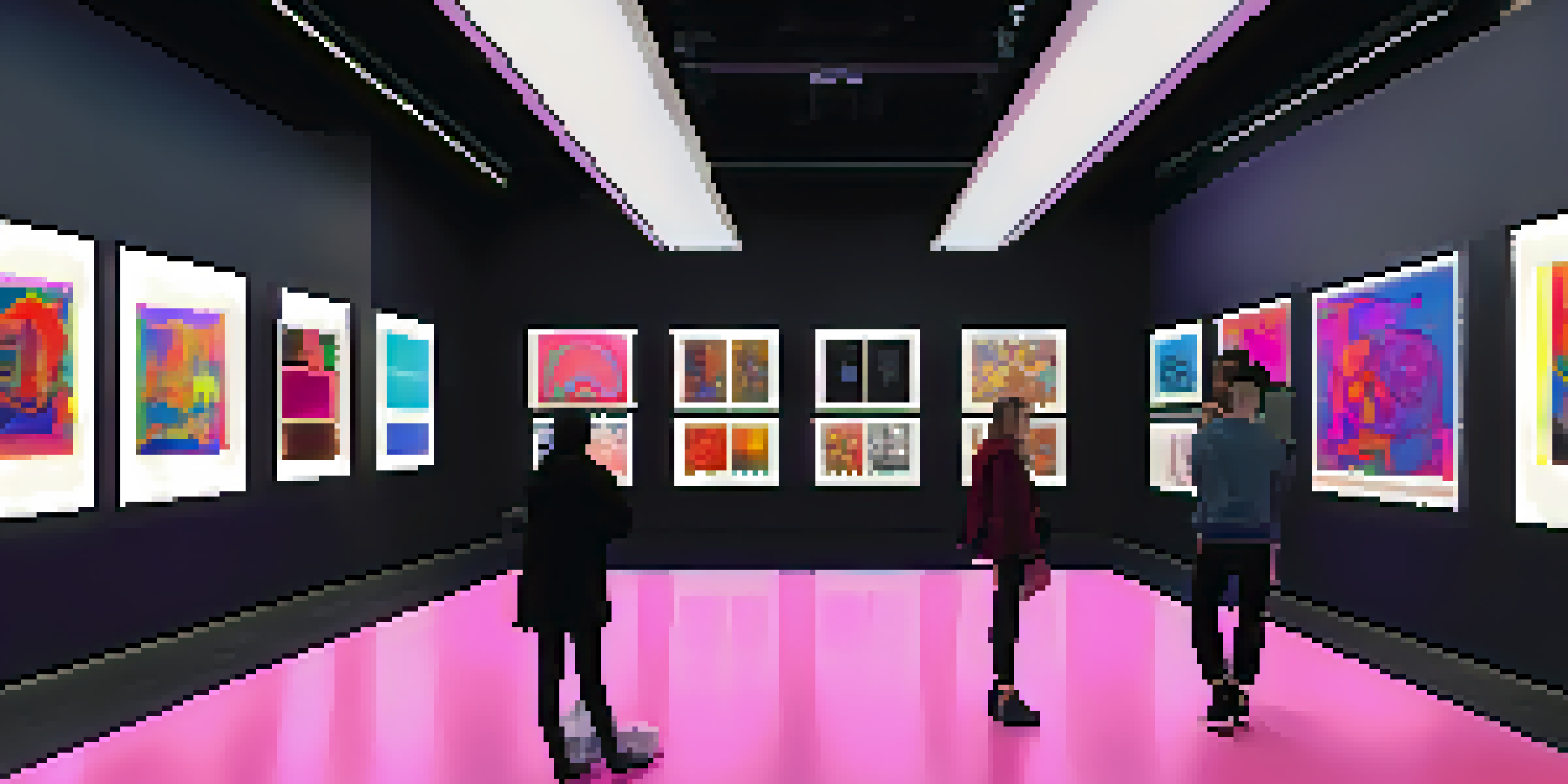 A digital art gallery filled with colorful NFTs displayed on screens, with visitors admiring the artworks in a softly lit environment.