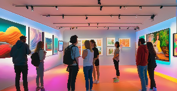 A digital art gallery filled with colorful and unique NFT artworks, with people actively engaging and discussing the pieces.