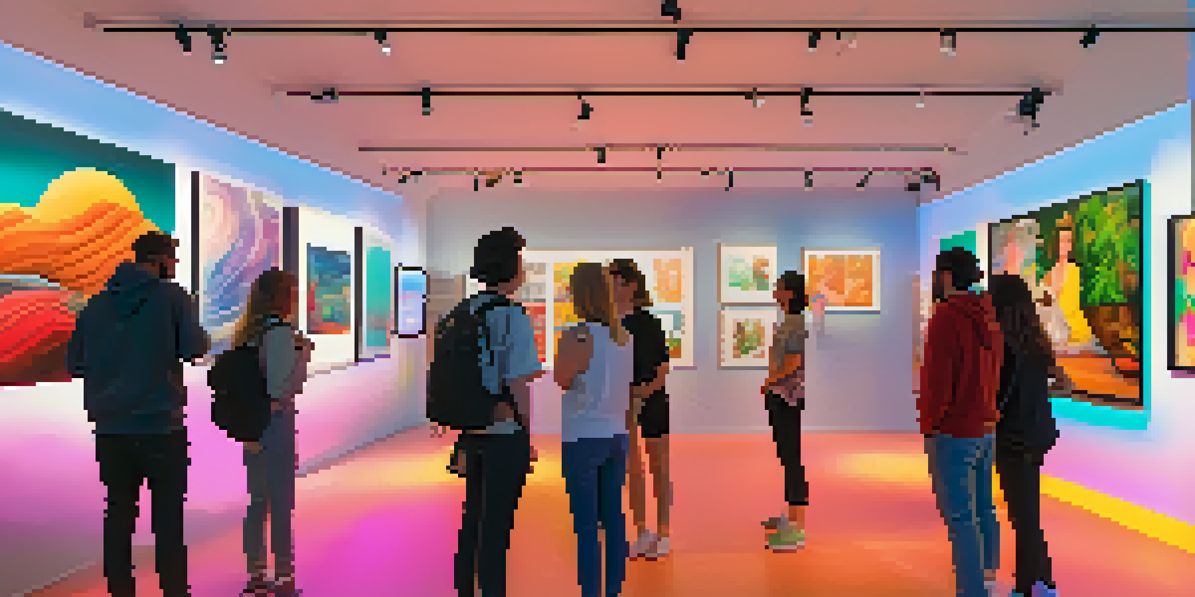 A digital art gallery filled with colorful and unique NFT artworks, with people actively engaging and discussing the pieces.