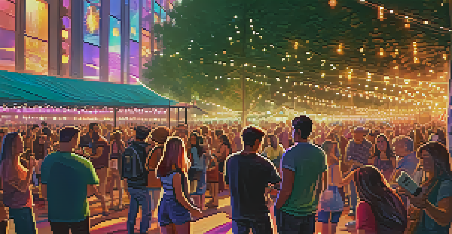 A lively outdoor music festival with attendees using smartphones to interact with NFT tickets, colorful lights, and a stage in the background.