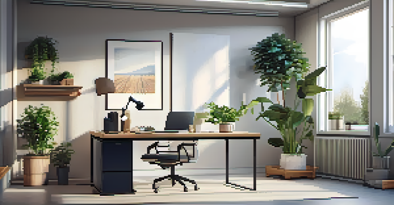 A modern office desk with a laptop displaying a digital NFT marketplace, surrounded by plants and minimalistic decor.