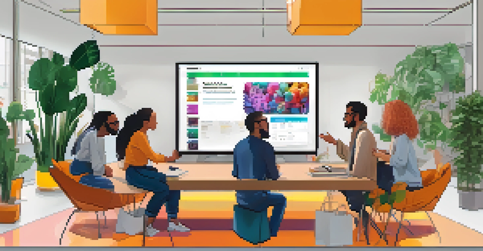 A diverse group of people discussing an NFT marketplace displayed on a large screen in a modern office.