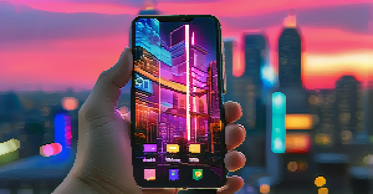 A close-up of a sleek smartphone showing a vibrant NFT art piece, set against a blurred urban landscape with neon lights.
