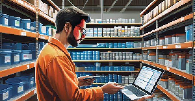 A supply chain worker checks a digital tablet showing NFT information in a modern warehouse filled with products.