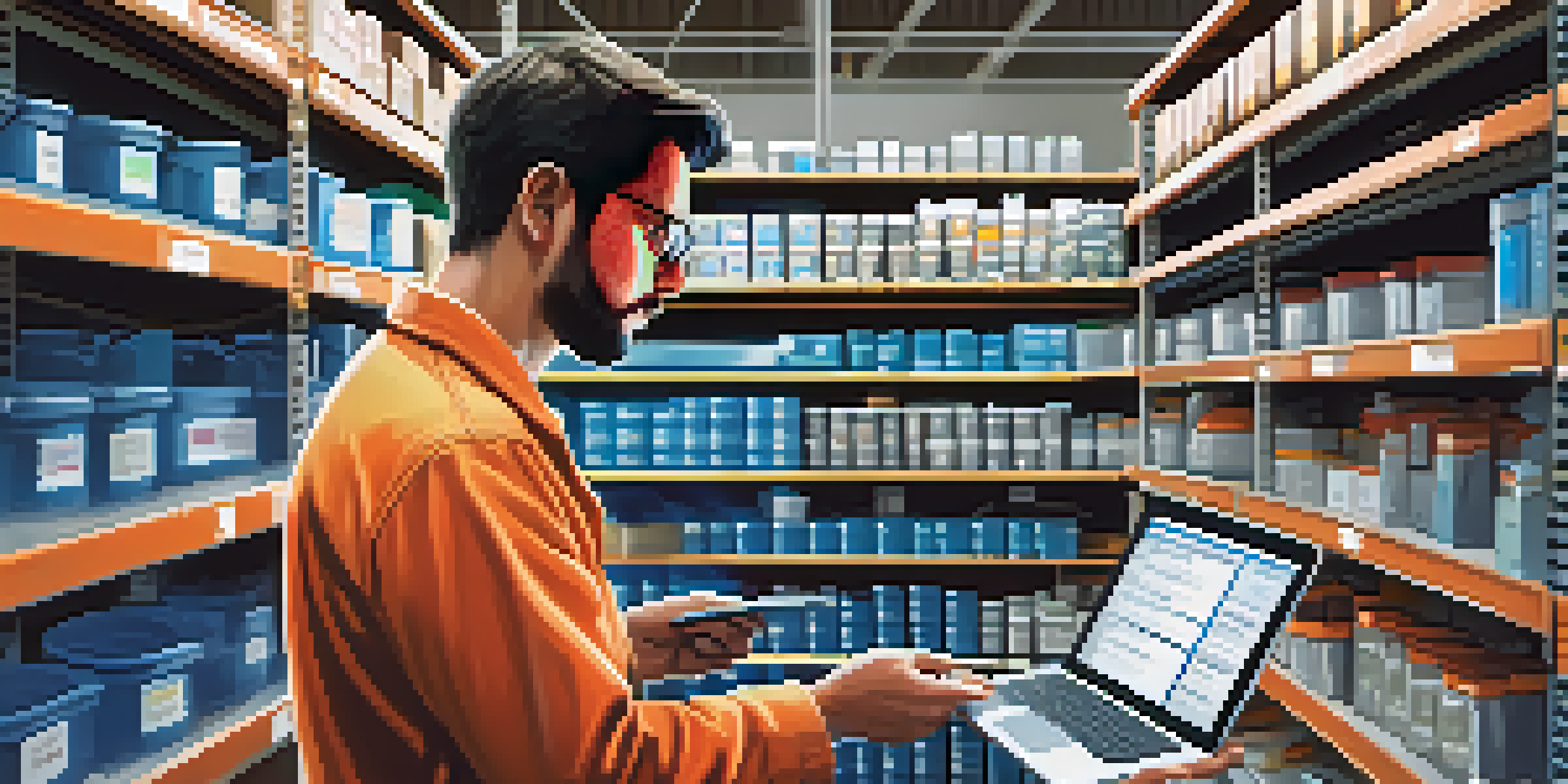 A supply chain worker checks a digital tablet showing NFT information in a modern warehouse filled with products.