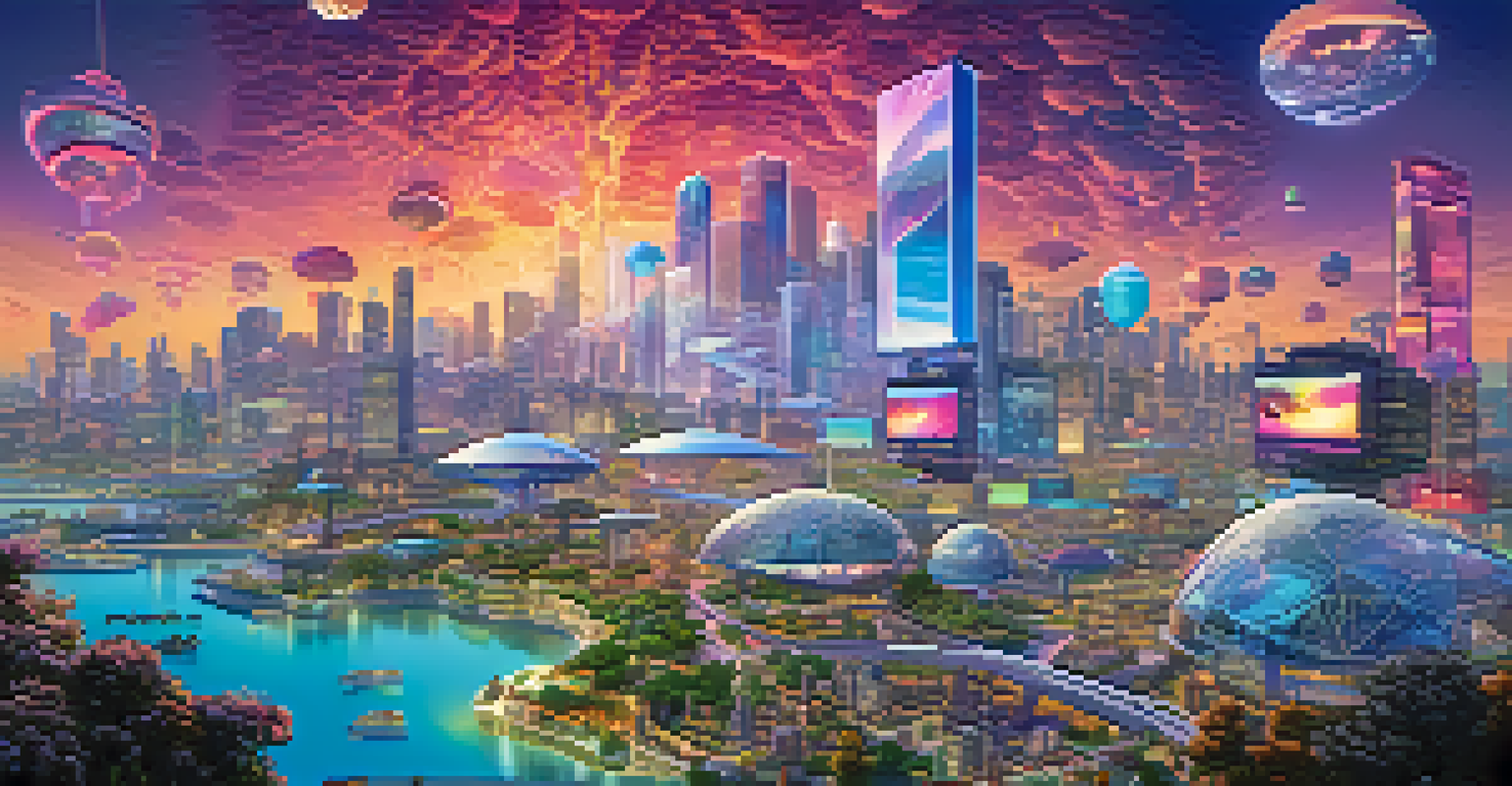 A digital landscape with floating islands displaying NFTs, surrounded by a futuristic city skyline in vibrant colors.