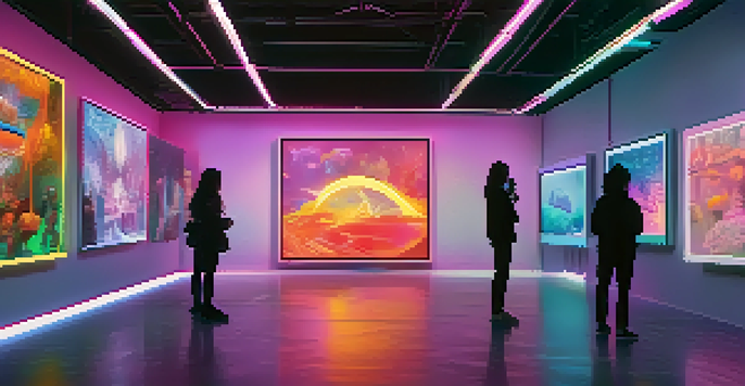 A digital gallery showcasing various vibrant NFT artworks, with visitors admiring the pieces in a futuristic setting.