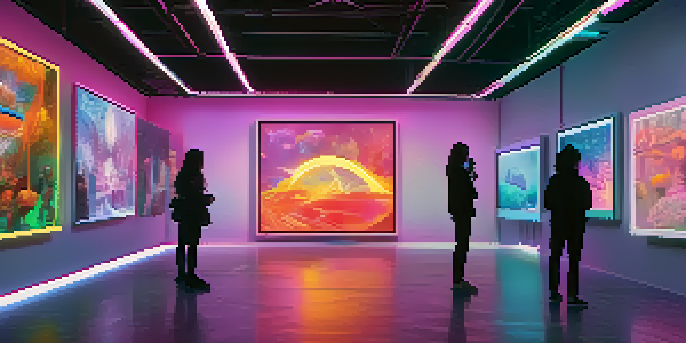 A digital gallery showcasing various vibrant NFT artworks, with visitors admiring the pieces in a futuristic setting.