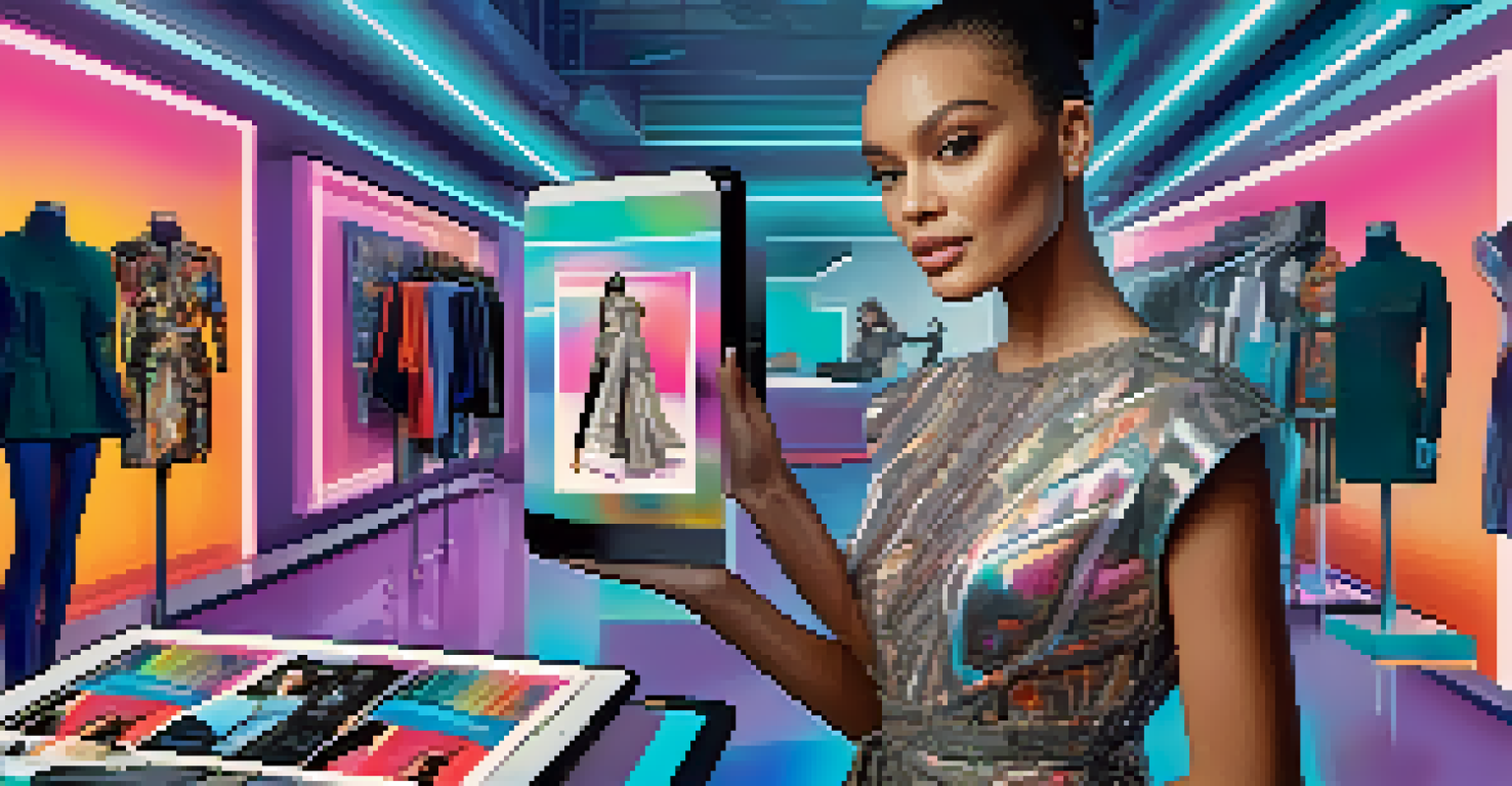 A celebrity and a fashion designer presenting an NFT collection with digital clothing designs in a futuristic studio.