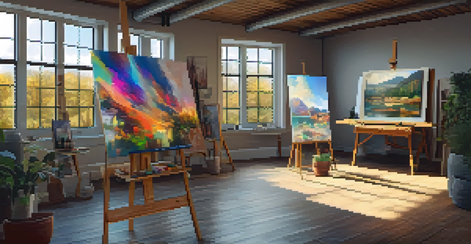 An artist's studio showcasing digital art on screens and a traditional canvas painting, bathed in warm natural light.