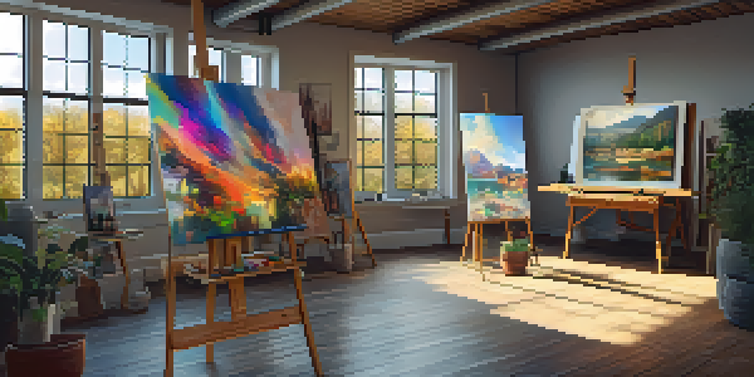 An artist's studio showcasing digital art on screens and a traditional canvas painting, bathed in warm natural light.