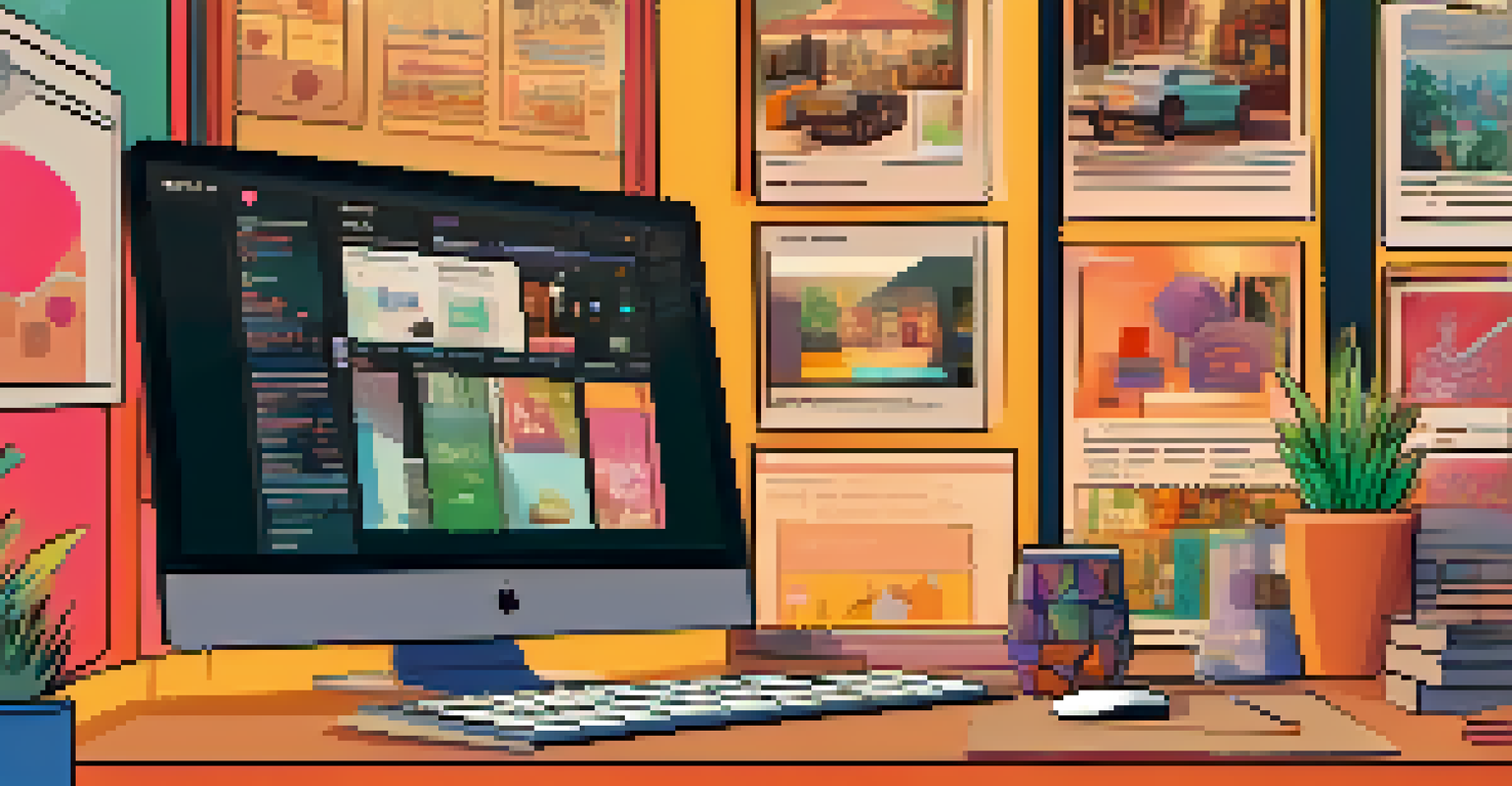 A computer screen showing an NFT marketplace with colorful digital artworks, in a cozy workspace.