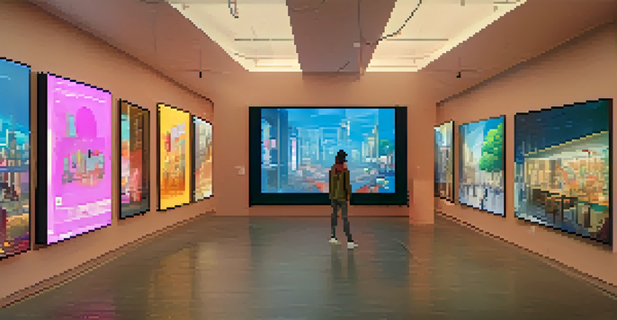 A modern digital art gallery filled with unique NFTs, with diverse visitors interacting with the displays and a cityscape visible through large windows.