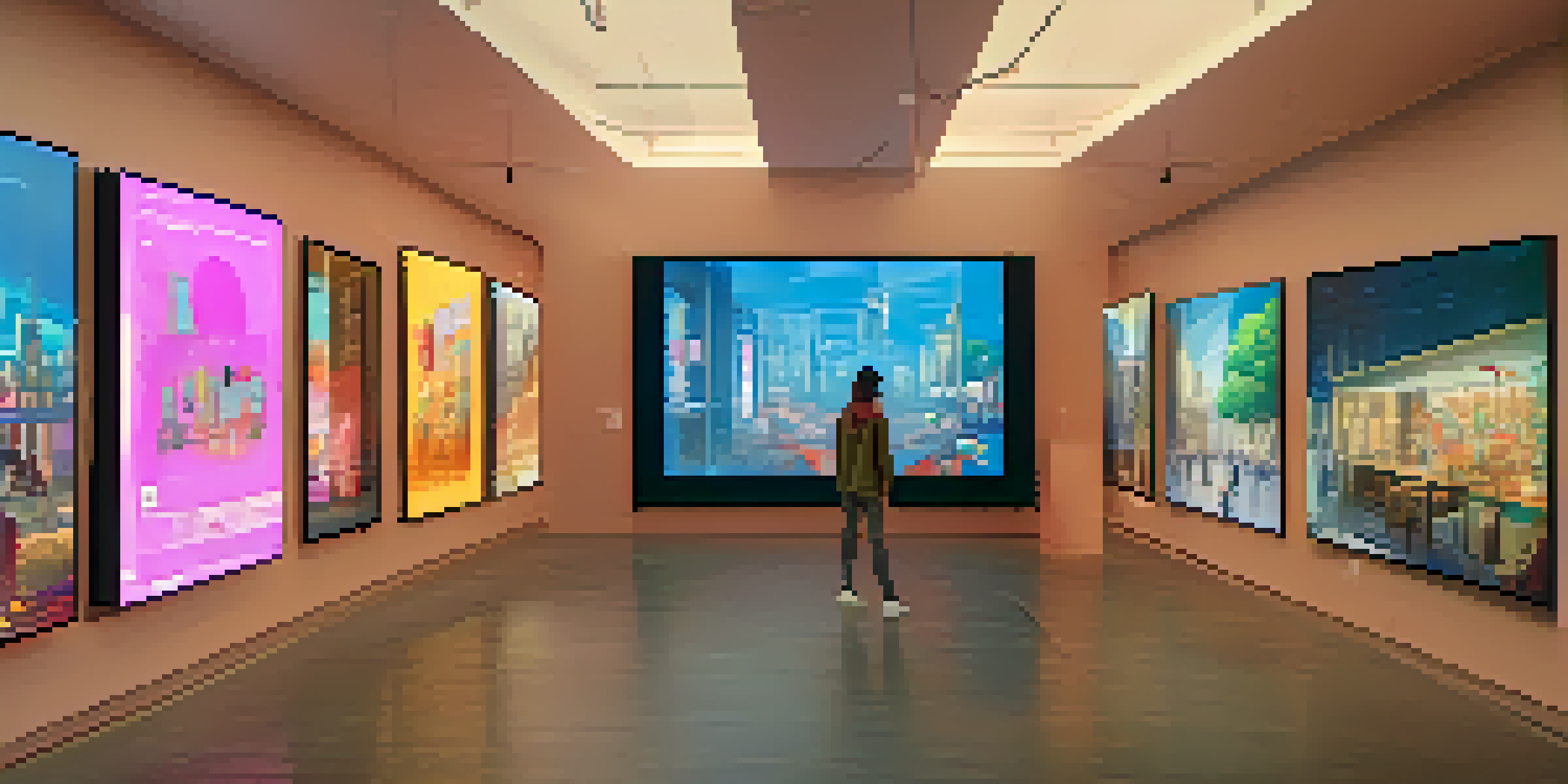 A modern digital art gallery filled with unique NFTs, with diverse visitors interacting with the displays and a cityscape visible through large windows.