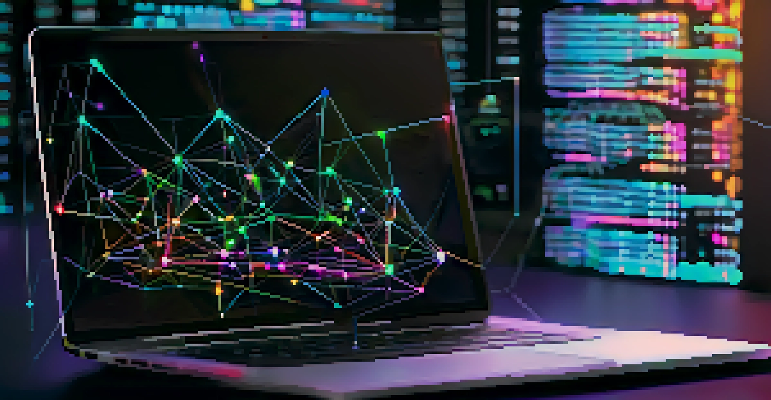 A close-up of a glowing blockchain ledger on a computer screen, illustrating the concept of digital ownership with interconnected nodes.