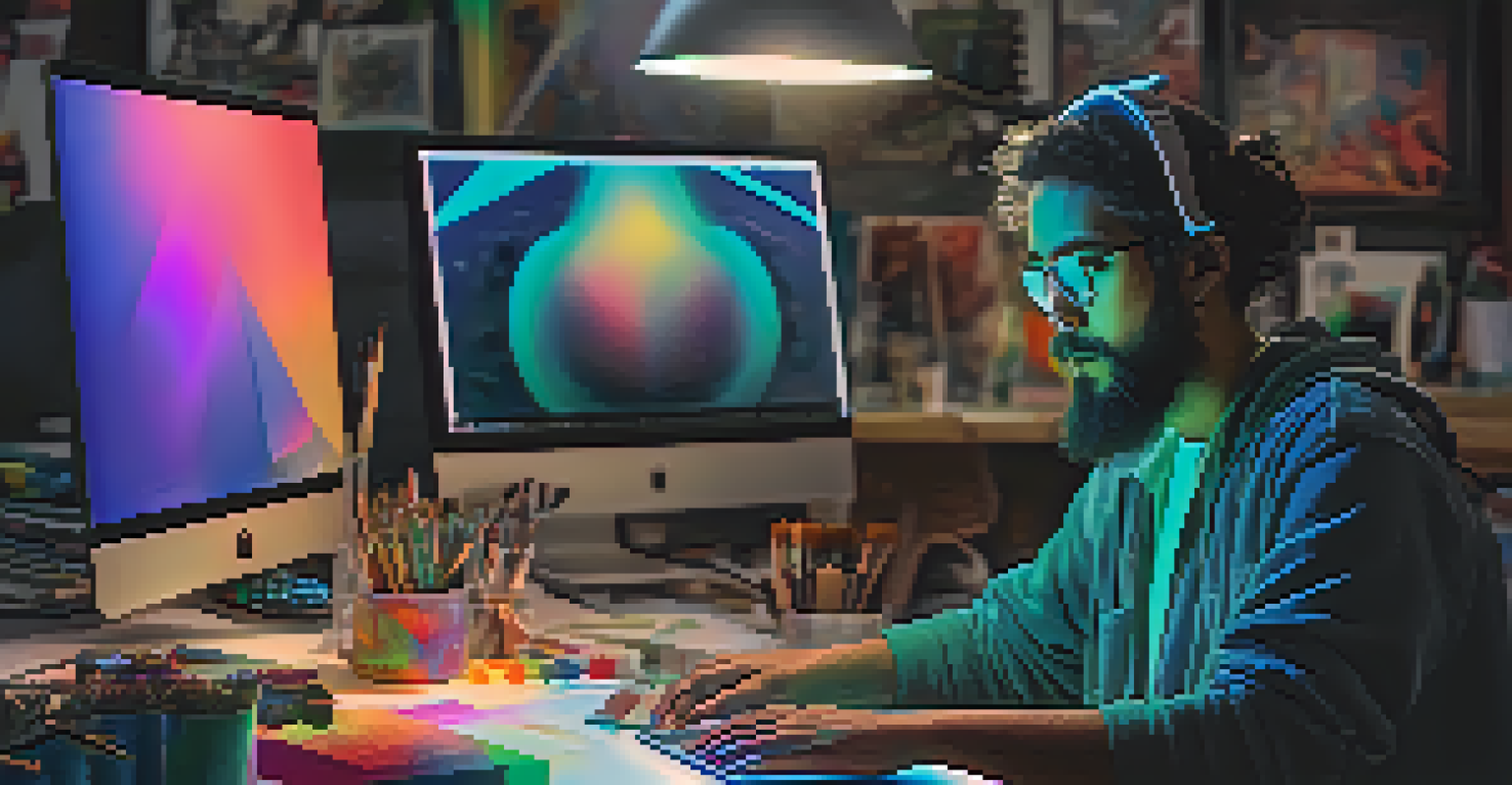 An artist at a desk creating digital artwork on a laptop, surrounded by art supplies and vibrant colors.