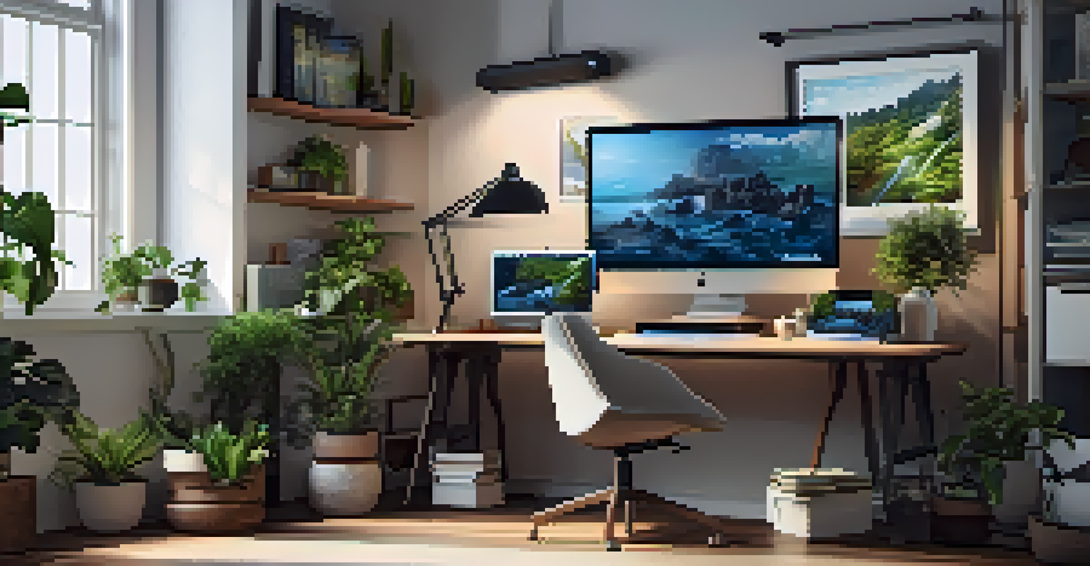 A serene digital art workspace with a computer setup, multiple monitors showing digital artworks, plants, and soft lighting.