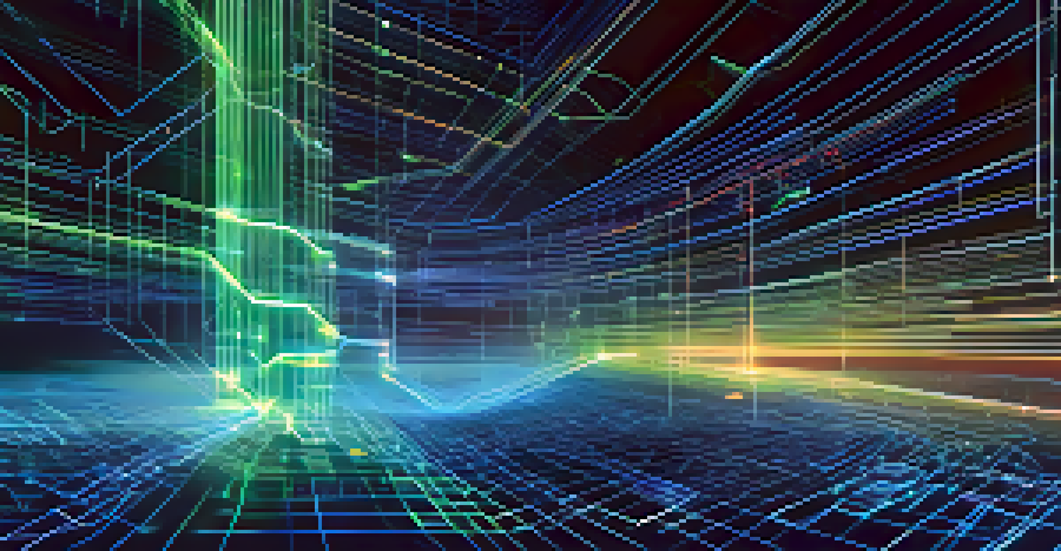 An abstract digital environment illustrating a smart contract with flowing code and blockchain nodes.