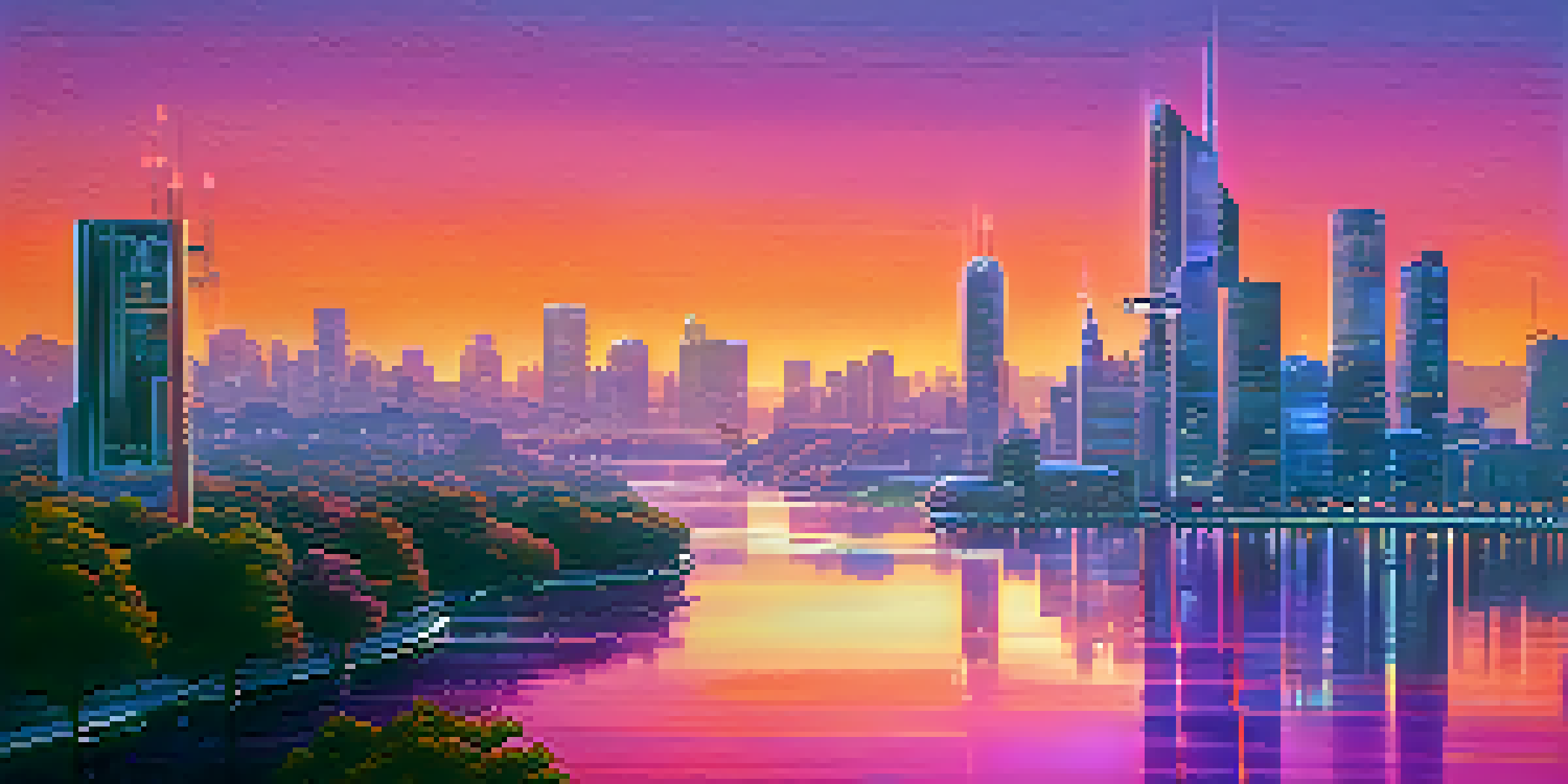 A futuristic cityscape at sunset, with tall skyscrapers and vibrant neon lights reflected in a river.